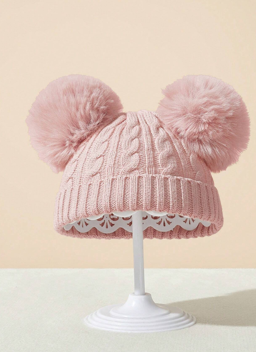 1pc Baby And Kids' Fleece-lined Knitted Hat With Pom-pom And Folded Brim, Autumn And Winter Outdoor Warm Hat