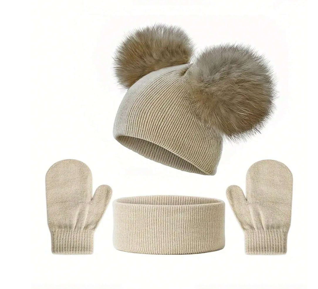 3pcsSet Cute Knitted Hat, Neck Warmer And Gloves Set, Suitable For Baby