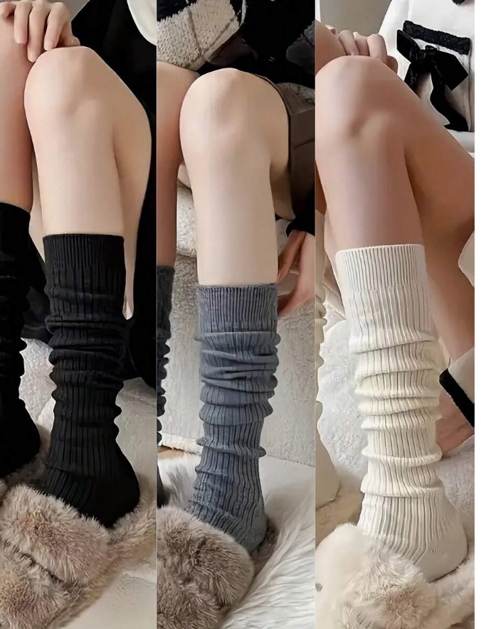 3 Pairs Solid Knitted Calf Socks, Simple College Style Knee High Socks