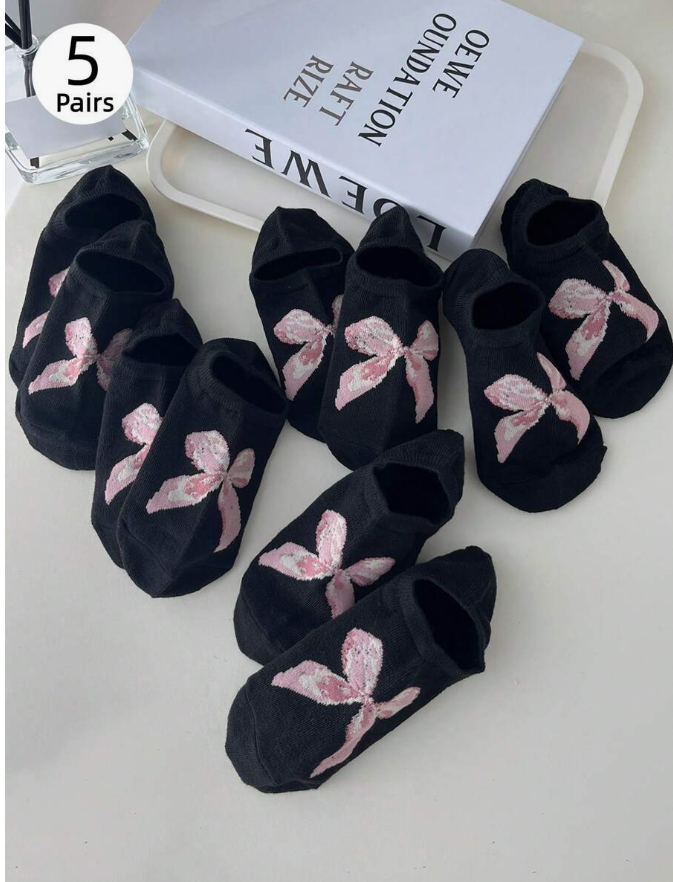 5 Pairs Of Women's Invisible Socks, Bow Personalized Pop Ankle Socks, Black Socks