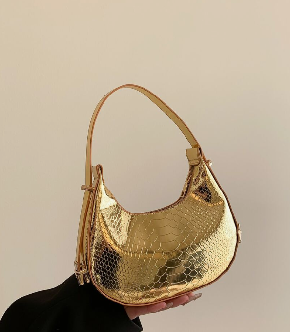 Metallic Snakeskin Embossed Hobo Bag Solid Color Crocodile