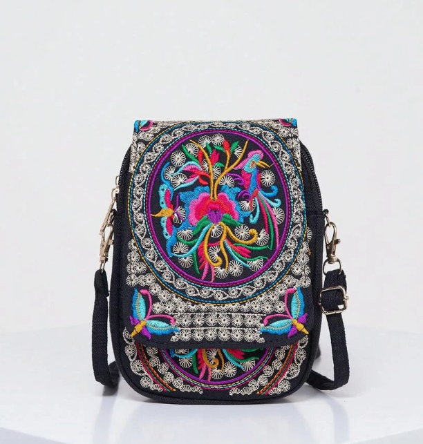 Vintage Women's Embroidered Crossbody Bag, Small Canvas Shoulder Bag, Stylish Zipper Phone Bag