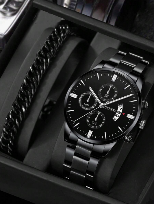 1pc Men Round Pointer Quartz Watch & 1pc Bracelet