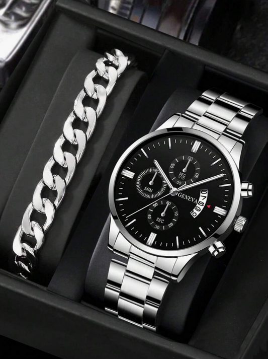 1pc Men Round Pointer Date Quartz Watch & 1pc Bracelet