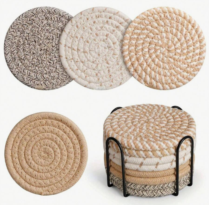 8pcs Water Absorbing Beverage Coasters+Storage Racks, Coffee Table Woven Coasters