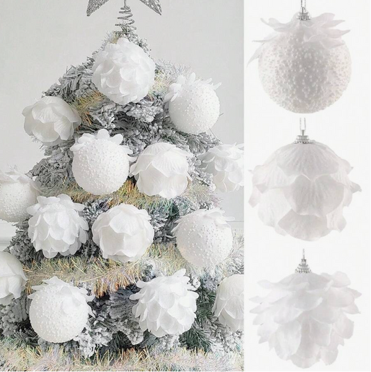 Glitter White Christmas Ball, White Petal Shaped Ball Foam Hanging Snow Globe 3pc