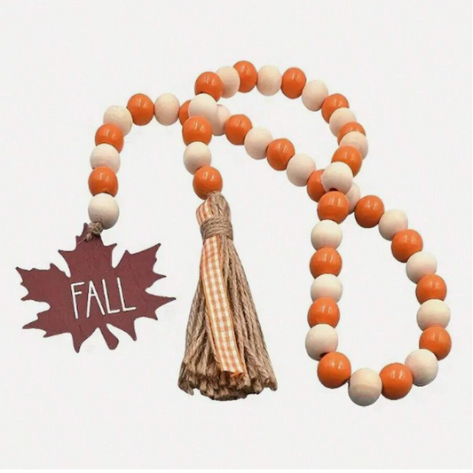 1pc Rustic Wood Bead Tassel Hanging Decor With Maple Leaf Plaid Tassel