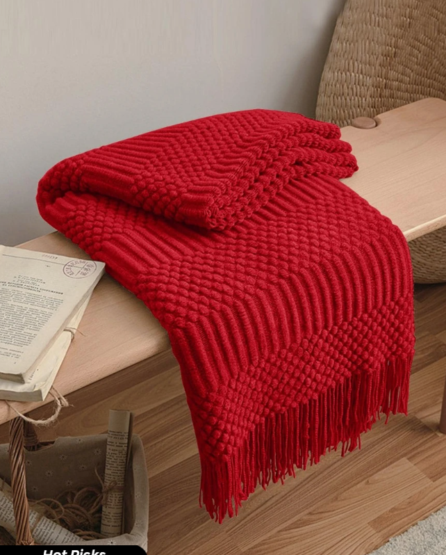 Solid Color Knitted Throw Blanket With Tassel, Soft & Warm Sofa Cover   130*170