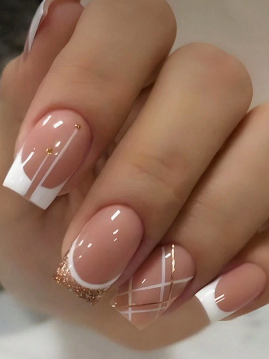 Medium Square Shaped Fashionable White French Style Gold Glitter