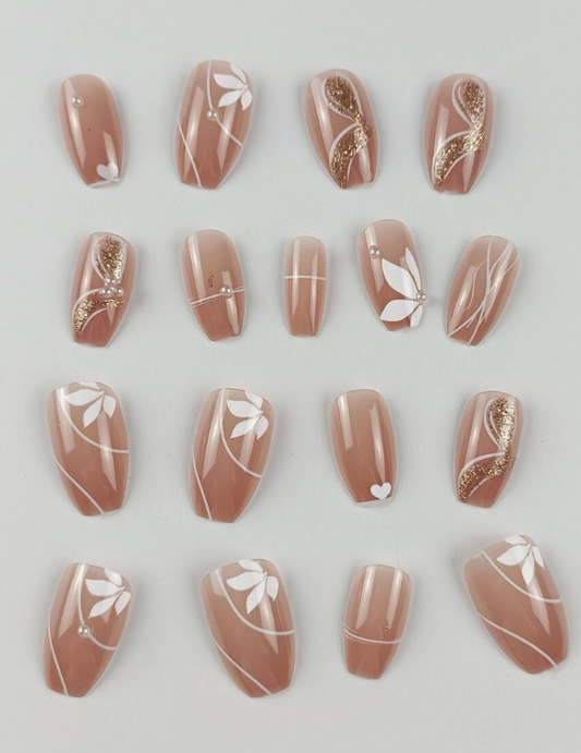 Long Coffin Floral Print Faux Pearl Decor Gold Line Art Full