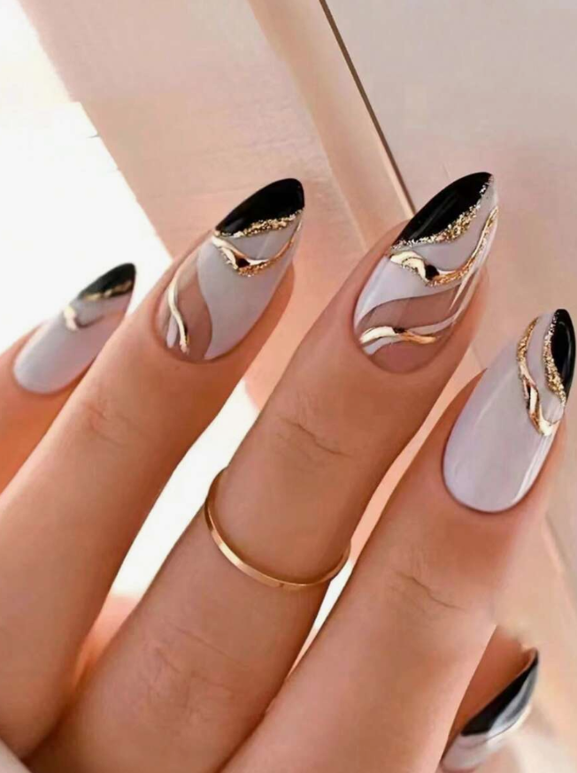 Long Almond French Style Striped Metal Glitter Fake Nail