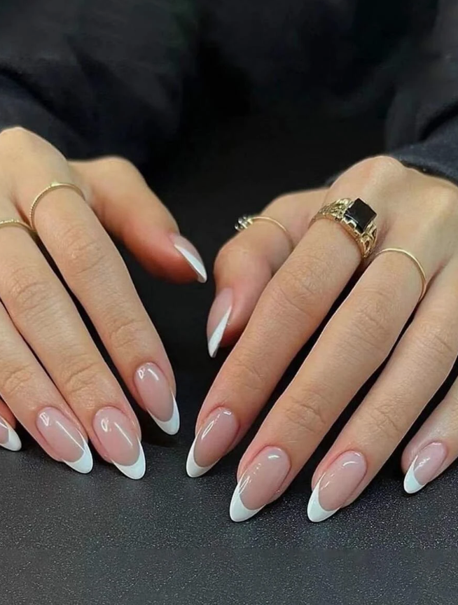 24 Almond Shaped Minimalist White French Glossy Painted Nail Patches+1 Jelly Gel+1 File Press On Nails