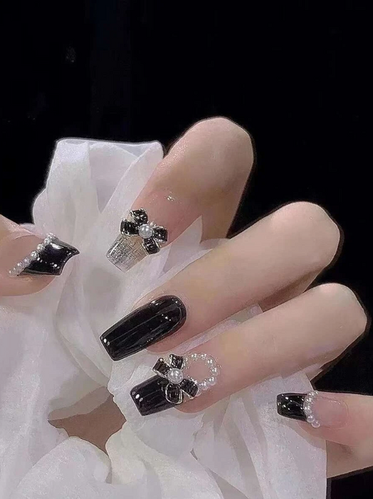 24pcs Medium Coffin Black Bow & Faux Pearl Decor Fake Nail