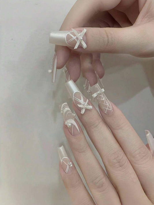 10PCS Handmade Satin Ballet Phototherapy Pearlescent French Fake Nail