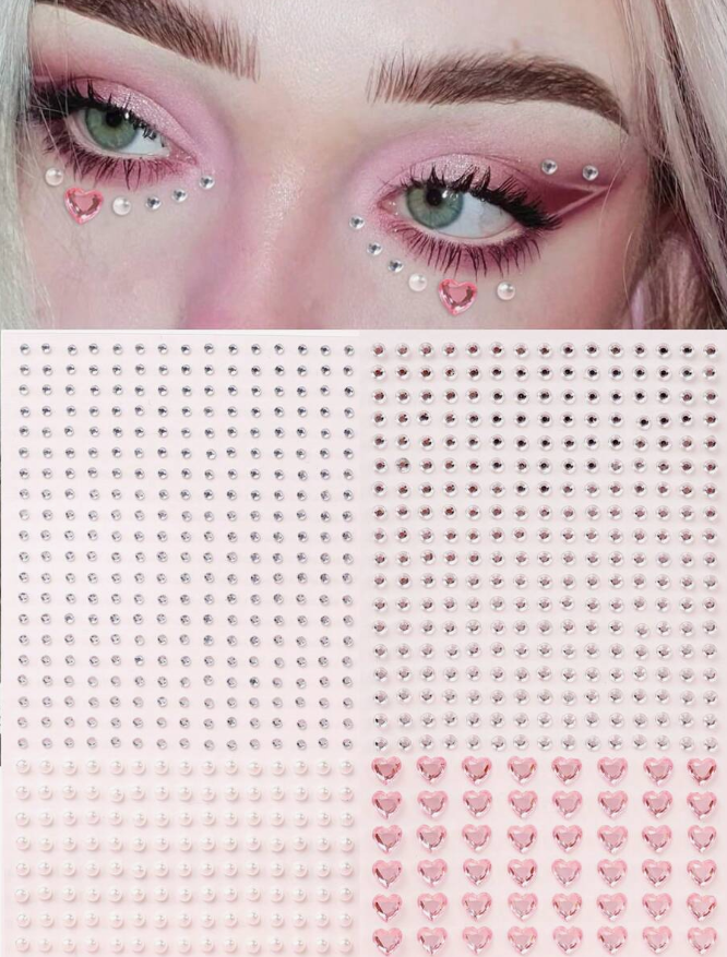 Simulation Faux Pearl & Pink Heart & Gemstone Shaped Rhinestone Sticker For Diy Makeup