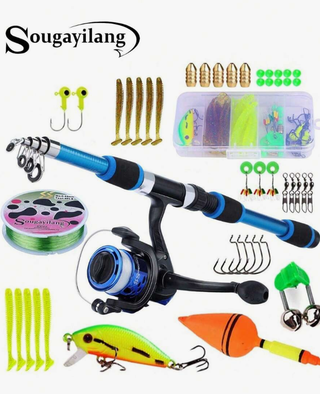 SOUGAYILANG 1.8M5.9FT Fishing Pole Set Full Kits With Telescopic Fishing Rod And Spinning Reel Baits