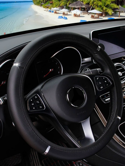 1pc PU Leather Shiny Metal Car Steering Wheel Cover, Fits 14.5-15 Inch Vehicles