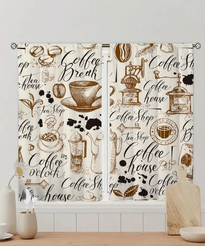2pcs Coffee Element Curtains,Without Holes Curtain, Refer To Bedroom Office 75x166