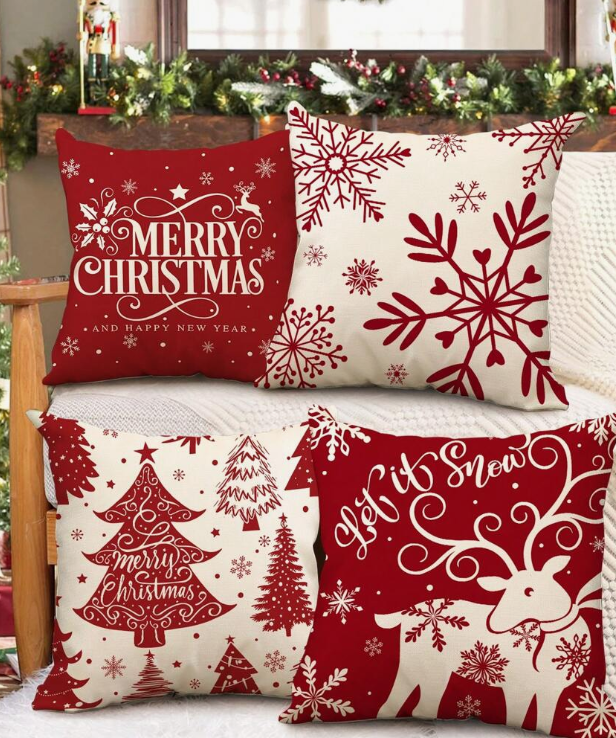 Letter Phrase, Snowflake, Tree & Reindeer Print Linen Pillow Cover Cushion