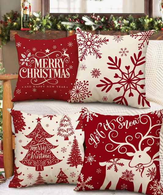 Letter Phrase, Snowflake, Tree & Reindeer Print Linen Pillow Cover Cushion