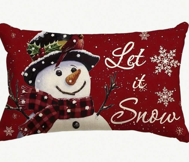 1pc Merry Christmas Lumbar Pillow, Christmas Tree & Snowman Print Cushion