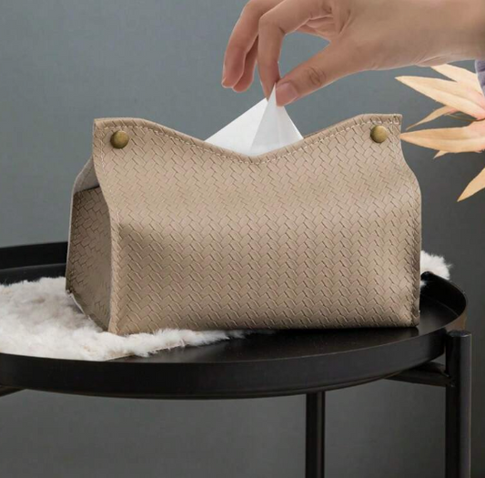 1pc Solid Color 3d Woven Embossed Pattern Tissue Box Cover With Pu Leather