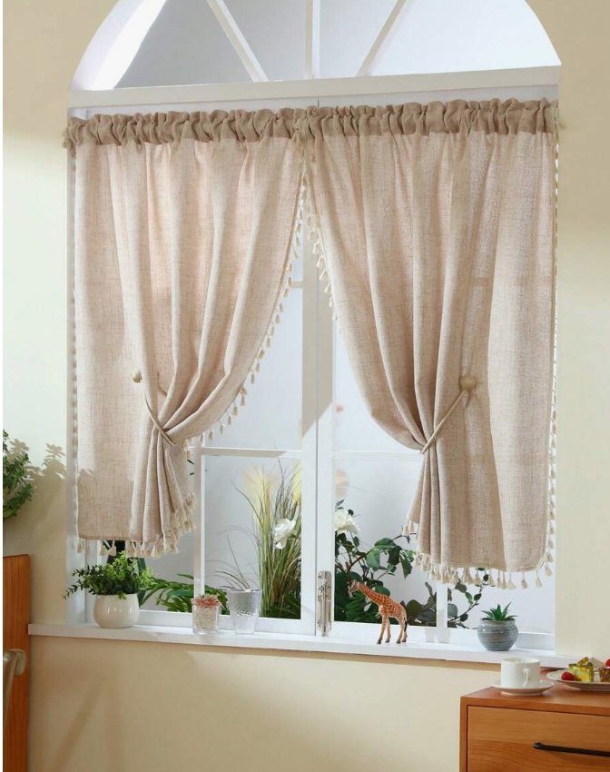 1pc Faux Linen Fringe Small Window Curtain, Beige Color, American Country Style