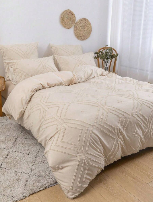 3pcs Khaki Grid Pattern Cut-out Polyester Duvet Cover Set, Simple White Polyester Bedding Set