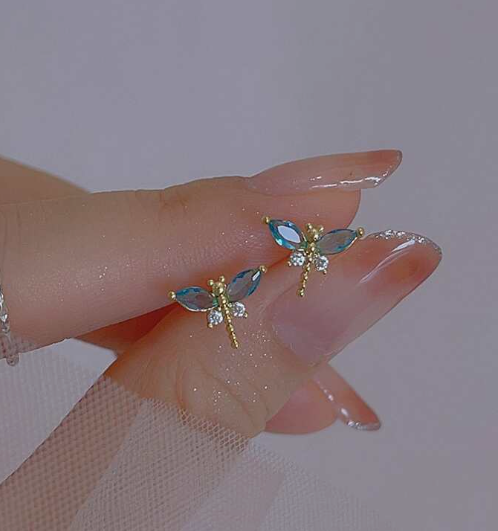 CVNANA 1pair Cute Insect Design Mini Stud Earrings Summer New Chic Cubic Zirconia Dragonfly Earrings