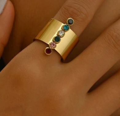 One Wide Luxury Stainless Steel Ring Adorned With Colorful Cubic Zirconia