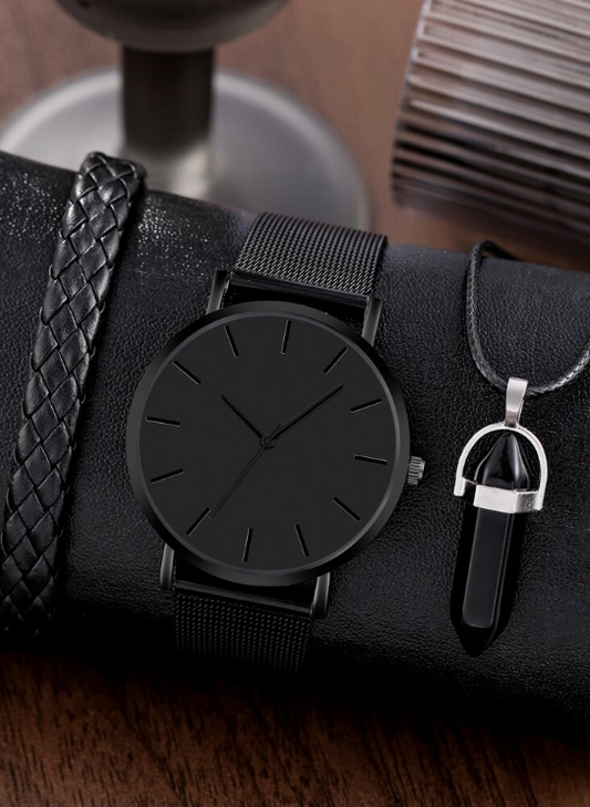 Men's Watch 1pc Fashion Casual Round Dial Quartz Watch And 1pc Pendant Leather Rope Necklace
