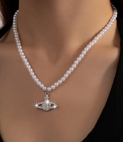 1pc Faux Pearl Beaded Star & Earth Shaped Pendant Necklace