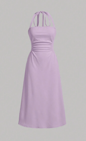 SHEIN MOD Women's Solid Color Pleated Halter Neck Tie Waist Dress