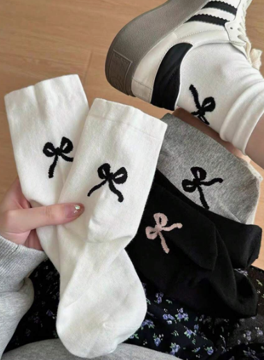 3pairs Ballet Style Bowknot Decor Solid Color Knee High Socks For Women