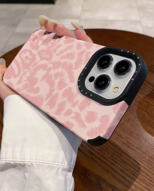 13 pro 1pc Leopard Print Pink Letter Perforated Leather Shockproof Phone Case