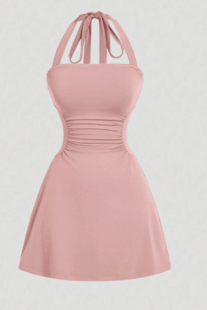 SHEIN MOD Women's Grey Halterneck A-Line Dress With Cinched Waist