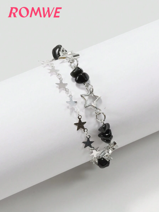 ROMWE Goth Fashion Copper Alloy Star & Stone Decorated Bracelet for Women Daily Decoration 2 Pieces