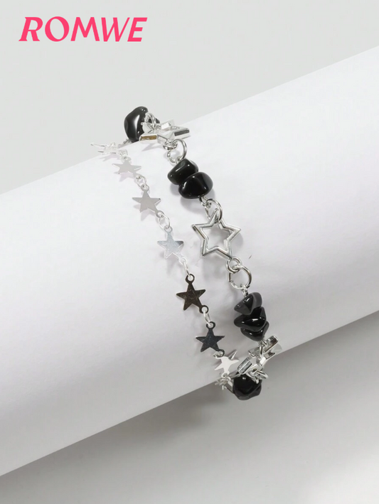 ROMWE Goth Fashion Copper Alloy Star & Stone Decorated Bracelet for Women Daily Decoration 2 Pieces