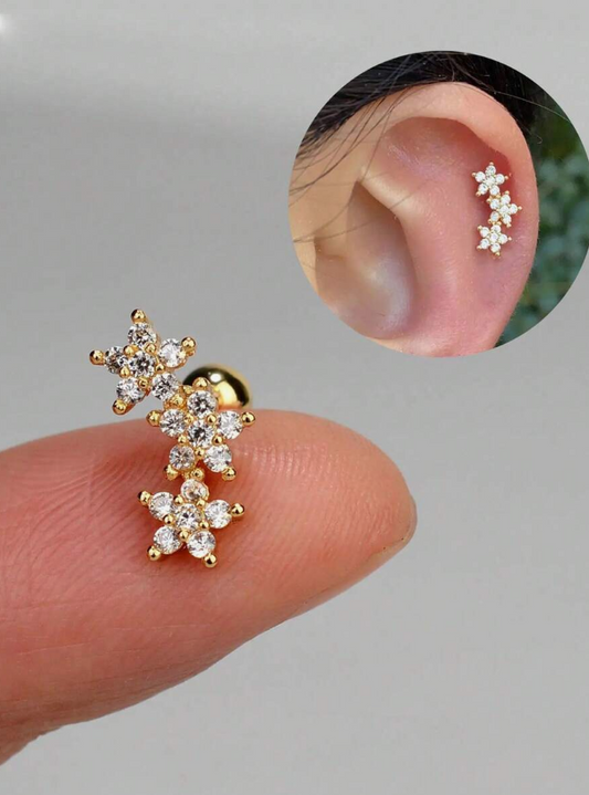 1pc Stud Stainless Steel Zirconia Metal Earring, Curved Helix Ball Round Iridescent Stripe Petal Patina Ear Nut with Screw Lock New Style