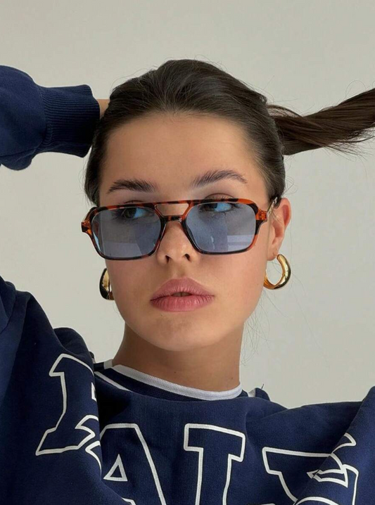 1pc Women's Square Double Beam Sunglasses, Leopard Print