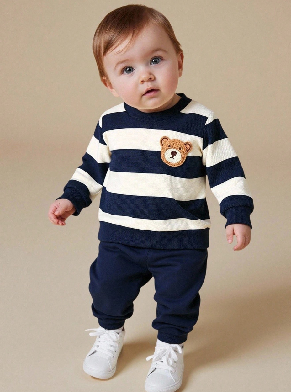 SHEIN Playful Pals Unisex Baby Boy Outfit Set, 2-Piece Set: Long-sleeved crew neck top with a cute bear print, and solid blue leggings