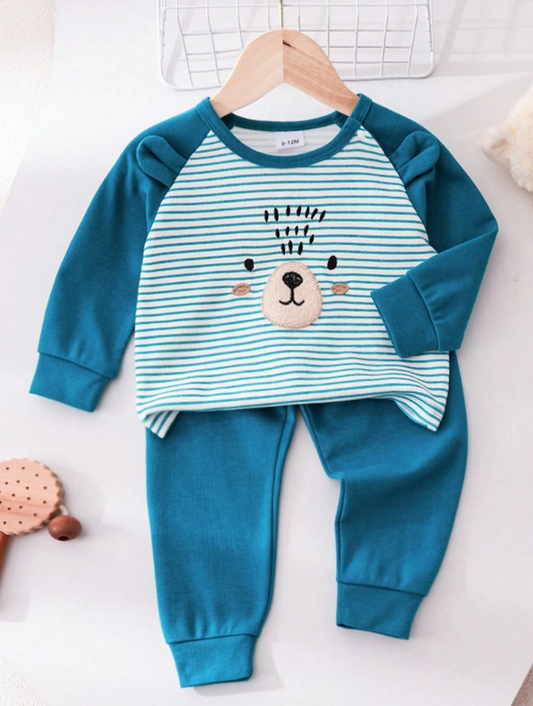 Casual outfit set for toddlers, long-sleeved top with striped bear print and ear design, paired with brown pants with cuffs, comfortable everyday wear, 2 pieces/set
