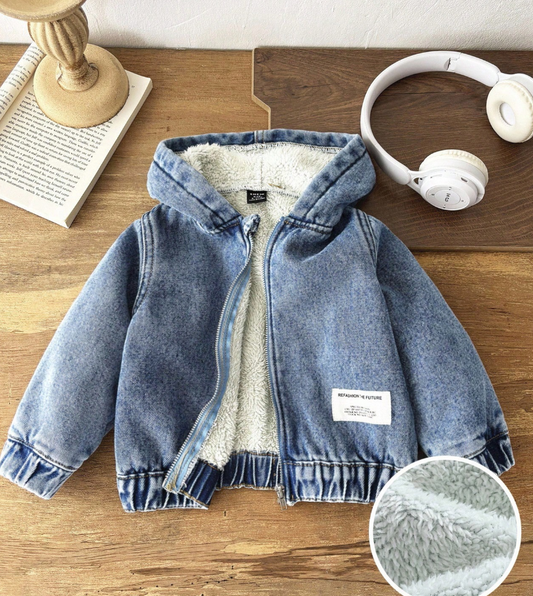 SHEIN Baby Boys' Natural Fleece-Lined Teddy Jacket, Loose Fit Denim Blue with Long Sleeves and Hood, Suitable for Boys in Autumn and Winter