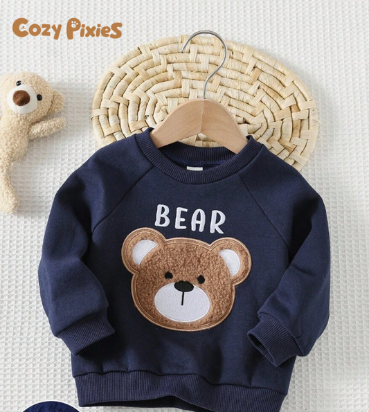 Cozy Pixies long-sleeved crew neck casual blouse made of soft fleece with a cute cartoon bear pattern, suitable for autumn and winter, back to school, fall wear, easy comfort, fall layering for kids, stylish kids, casual wear