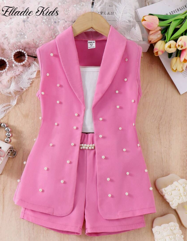 SHEIN Elladie kids formal set for little girls: pink jumpsuit, pearl-embellished top, shorts - a stylish look for holidays and casual occasions
