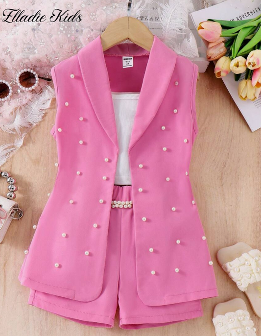 SHEIN Elladie kids formal set for little girls: pink jumpsuit, pearl-embellished top, shorts - a stylish look for holidays and casual occasions