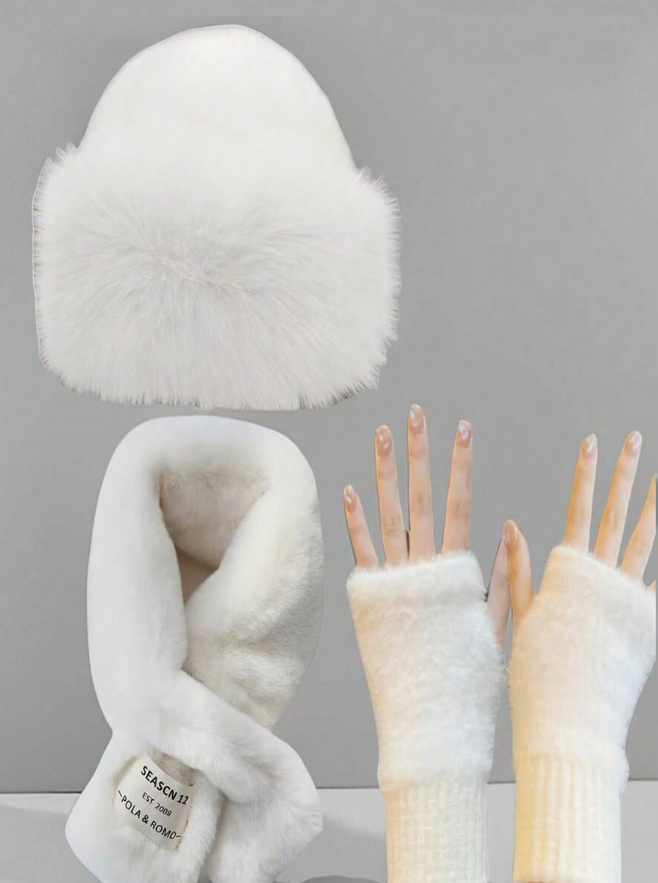This 3-piece winter set is perfect for women. Made from polyester fabric with a thick thermal lining, it includes gloves, a scarf, and a hat.