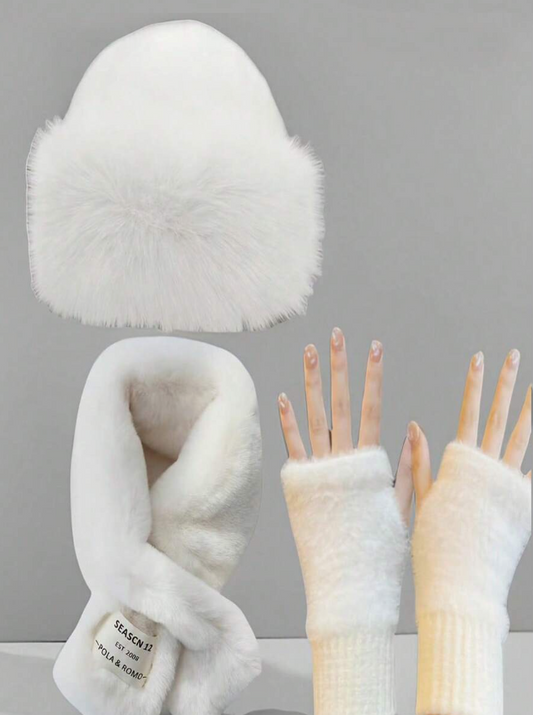This 3-piece winter set is perfect for women. Made from polyester fabric with a thick thermal lining, it includes gloves, a scarf, and a hat.