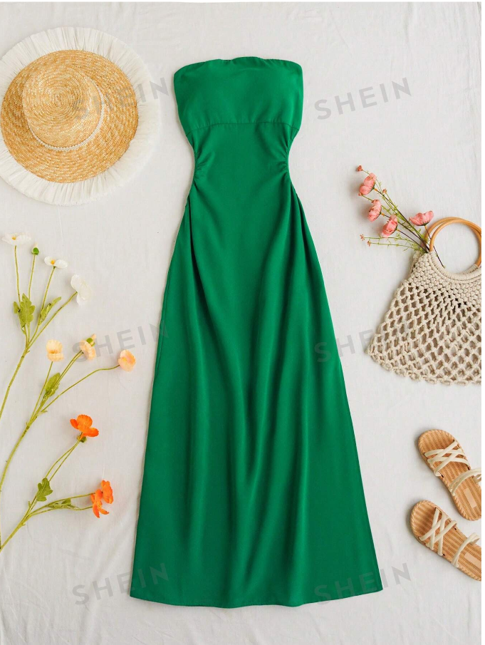 SHEIN WYWH Romantic Strapless A-Line Dress with Green Cutouts, Tie Waist and Slit, Perfect for Romantic Vacations for Women