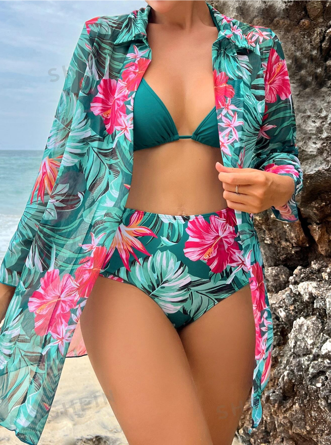 SHEIN Swim Lushore Summer Beach Tropical Print Bikini Set Triangle Bra & High Waisted Bottom & Cover Up 3 Piece Bathing Suit
